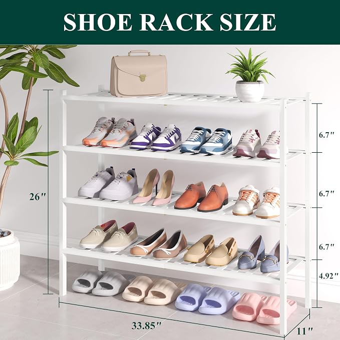 Smiry Bamboo Shoe Rack for Closet, 4 Tier Long Wooden Shoe Organizer, Stackable Wood Shoe Storage Shelf for Entryway, 14 Vertical Slats, 2+2 Stack Heavy-Duty Legs, 33.86"x11.02"x25.98", White