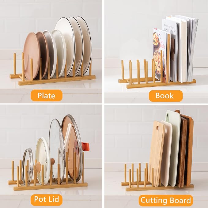 HBlife 4pcs Heighten Bamboo Wooden Dish Drying Rack Plate Pot Lid Organizer | Plate Bowl Cup Book Pot Lid Cutting Board Stand, Drainer Storage Holder Organizer, For Kitchen Cabinet, 8 Slots