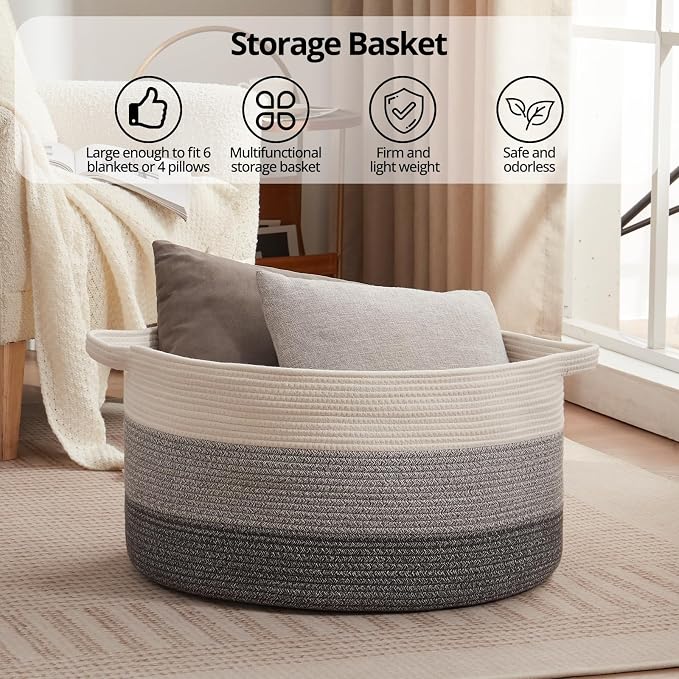 OIAHOMY 90L Extra Large Blanket Basket - Decorative Cotton Rope Storage Basket for Bedroom, Living Room & Nursery - Woven Laundry Hamper for Organizing Blankets, Clothes & Toys - Gradient Grey