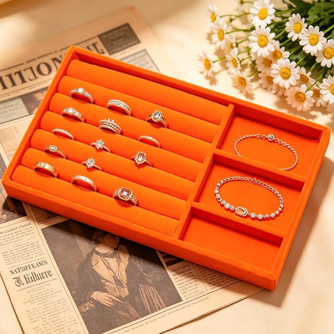 Velvet Jewelry Trays for Drawers, Orange Stackable Jewelry Drawer Organizer Inserts, Ring Earring Necklace Bracelet Holder Organizer Storage Display Tray with Removable Dividers, 2-in-1