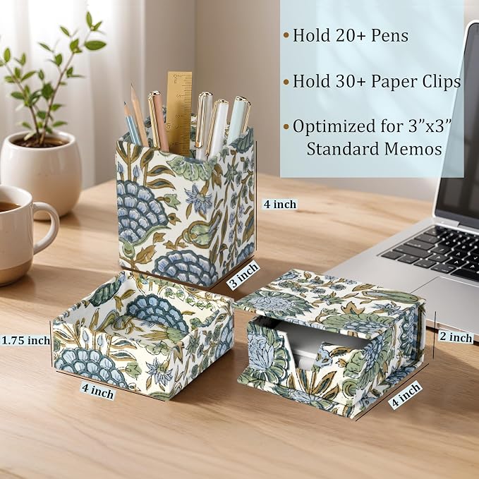 Ridhi Asparagus Green Block Print Handmade Office Desk Organizer Pen and Sticky Note accessories Holder Cute, Aesthetic, Decor workspace Caddy Gift for Office, Teachers, Professionals, Students