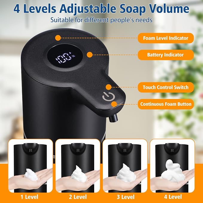 Automatic Foam Soap Dispenser Touchless | USB Rechargeable Smart Hand Soap Dispenser, 4-Level Adjustable, 12oz Wall Mounted for Bathroom Kitchen(Black Foam)