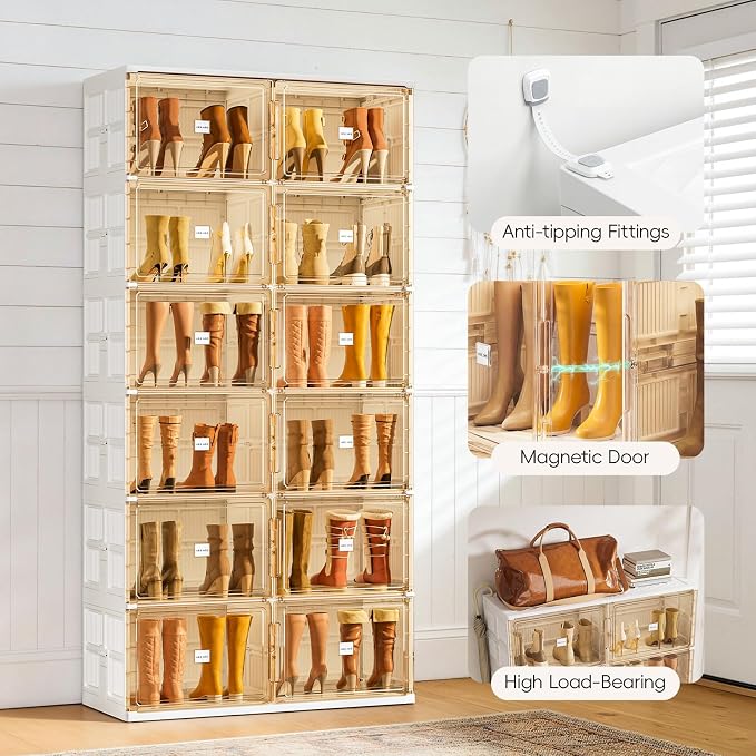 JEKO&JEKO Foldable Boot Storage Cabinet with Magnetic Doors,4-Tier Double-Column Tall Shoe Organizer for Closet & Entryway,Space Saving Shoe Rack for Boots,Fits Up to 16 Pairs, White