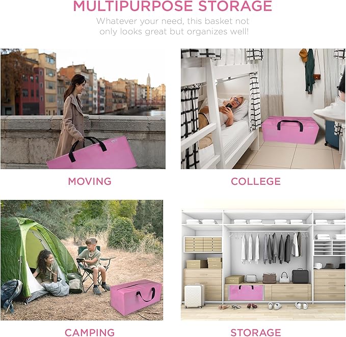6 Pack Extra Large Moving Bags with Zippers, Backpack Straps & Reinforced Handles, Heavy Duty Storage Bags for Clothes, Moving, Space Saving, Pink
