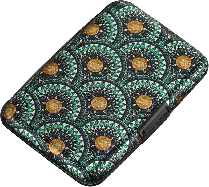 ELFISH RFID Blocking Credit Cards Holder Aluminum Wallet Metal ID Case for Men Women(Peacock Feathers)