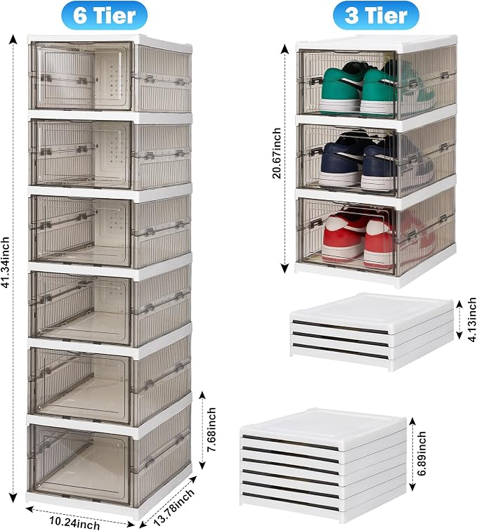 Foldable Shoe Rack, With Clear Door, Freestanding Shoe Shelf 6-Tier, Grey | No assembly, Breathable dustproof, Stackable, Front-open door, For closet, entryway, bedroom,