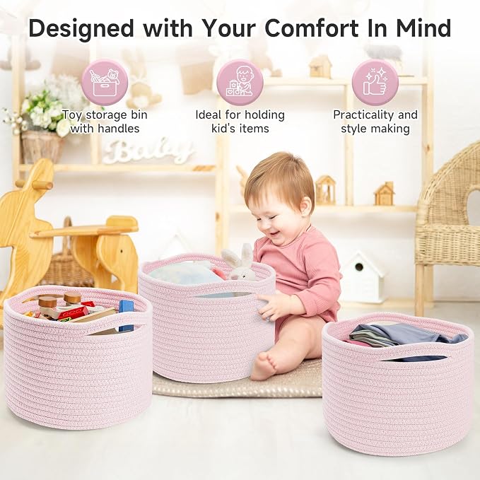Small Rope Baskets for Storage, Baskets for Gifts Empty, Cute Round Woven Basket, Decorative Shelf Baskets 9.82×9.82×7.1", Cotton Toy Basket Storage Bins for Organizer 3 Packs-Pink