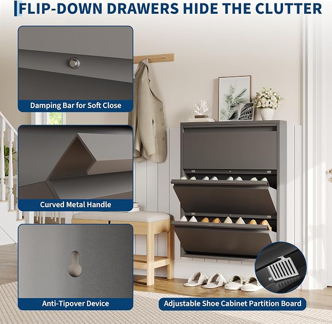 Garvee Slim Metal Shoe Cabinet with 3 Flip Drawers, Narrow Shoe Storage for Entryway, Wall Mounted or Floor Standing, Detachable Bottom Corners for Flexible Placement, Anti-Tip Safety Wall Mount