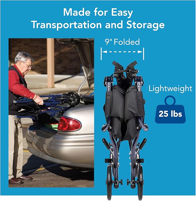 Carex Transport Wheelchair With 19 inch Seat, Folding Transport Chair with Foot Rests, Foldable Lightweight Wheelchair Foldable for Storage and Travel