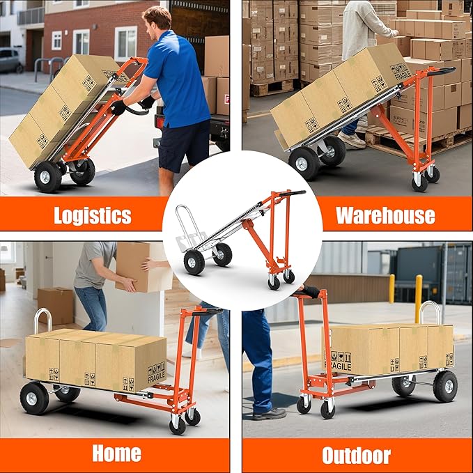 3 in1 Convertible Hand Truck, Folding Aluminum Hand Trucks 880lb Load Appliance Dolly, Heavy Duty Dolly Cart Converts Platform Cart, Portable Cart Luggage,Travel,Moving,Shopping,Office Use (Orange)