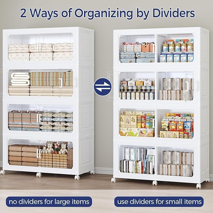 250Gal Stackable Storage Bins with Lid, 1000Qt Extra Large Collapsible Storage Box with Wheels, Dividers, Folding Plastic Cabinet Closet Organizers for Home Kitchen Office Dorm, 5Pack White
