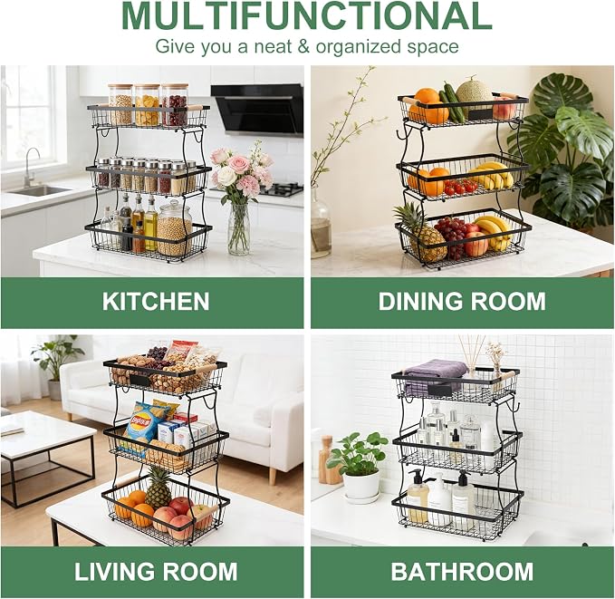 3 Tier Fruit Basket with 2 Banana Hangers, Mesh Basket Fruits Stand Produce Holder Organizer for Onion Potato Bread Snack Veggie Black