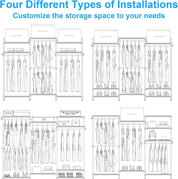 Ulif E13 Heavy Duty Clothes Rack（With 4 Hanger Rods & 8 Shelves） Freestanding Clothing Racks for Hanging Clothes，Adjustable Closet Organizer，Metal Garment Rack 63" W x16 D x77 H，Max Load 900LBS，White