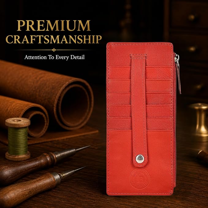 Leatherboss Genuine Leather Women's All in One Credit Business Card Case Holder Slim Zipper Wallet With a Card Protection Strap, Red