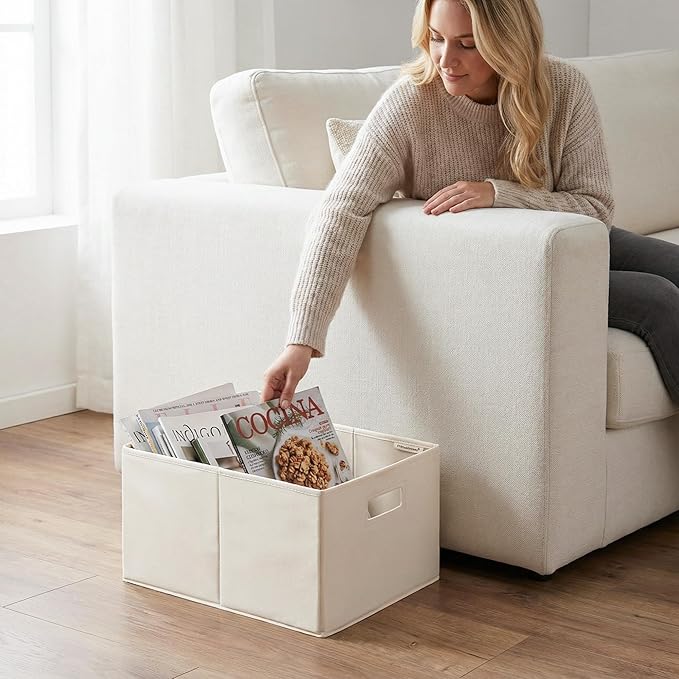 StorageWorks Fabric Storage Bins for Shelves, Closet Organizers and Storage Baskets, Collapsible Storage Bins with Cutout Handles, Large, 2-Pack, Ivory