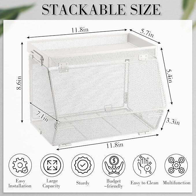 Teenyyou 2 Pcs Stackable Mesh Fruit Basket with Lid Wall Produce Vegetable Storage Basket Onion Potato Hanging Metal Wire Container for Kitchen Counter Pantry (Removable,White,7.1" w & 11.8" l)