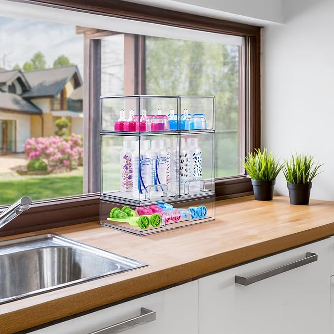 Sorbus Wide Stackable Acrylic Storage Drawers, 2 Pack Clear Plastic Organizer Bins for Baby Bottles, Makeup, Bathroom, Vanity & Countertop Organization, Pull-Out Drawer Design for Cabinets & Pantry