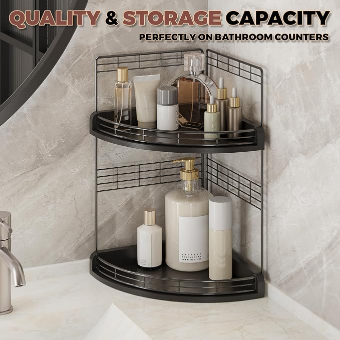 Bathroom Countertop Corner Organizer for Small Spaces, 2-Tier Counter Shelf | Oak Wood & Iron, Fan-Shaped Counter Shelf for Sink & Vanity Corners, Skincare, Toiletries, Compact Vertical Storage, Black