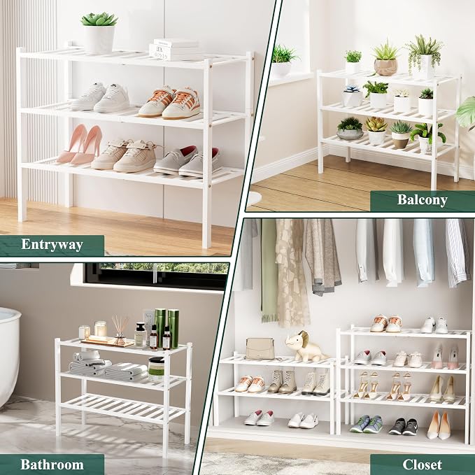 Smiry Long Bamboo Shoe Rack, 6 Tier Free Standing Wooden Shoe Organizer, Stackable Wood Shoe Storage Shelf for Closet, Entryway, 12 Vertical Slats, 2+2+2 Stack Standard Legs, 33.7"x11"x39", White