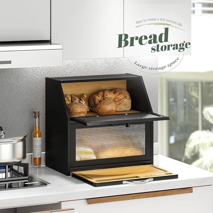 STDDRE Bamboo Bread Box with Cutting Board, Double Layer Extra Large Bread Storage Bin with Door Panel for Kitchen Counter (Black)