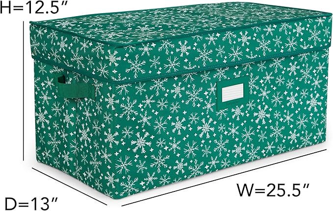 Covermates Keepsakes Adjustable Ornament Storage Box – Heavy-Duty Polyester, Padded Dividers & FlexGrid Trays – Protective Holiday Organizer with Stackable Walls & Label Window, Green Snowflake