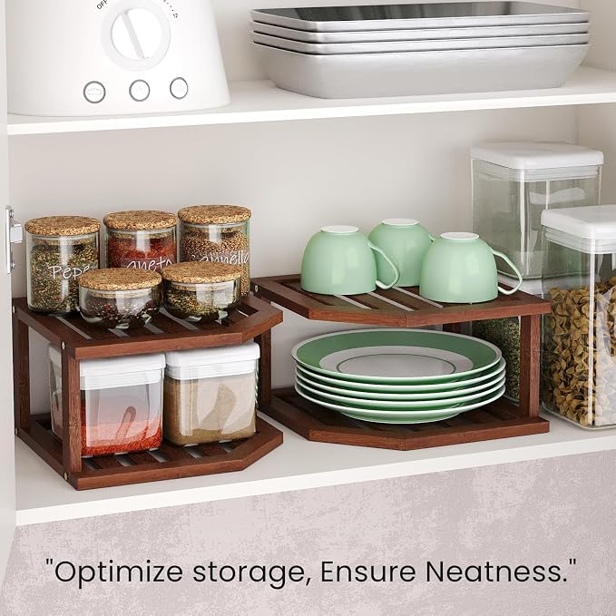 VERTORGAN Bamboo Corner Shelf(2 Pack),2 Tier Plate Organizer for Cabinet and Countertop,Pantry Dish and Spice Rack for Kitchen（Brown）