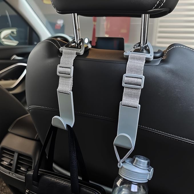 Amooca Headrest Hooks for Car Adjustable 4 Pack Vehicle Seat Back Organizer Storage Hanger Holder for Purse Bags Universal Fit with Clip Gray