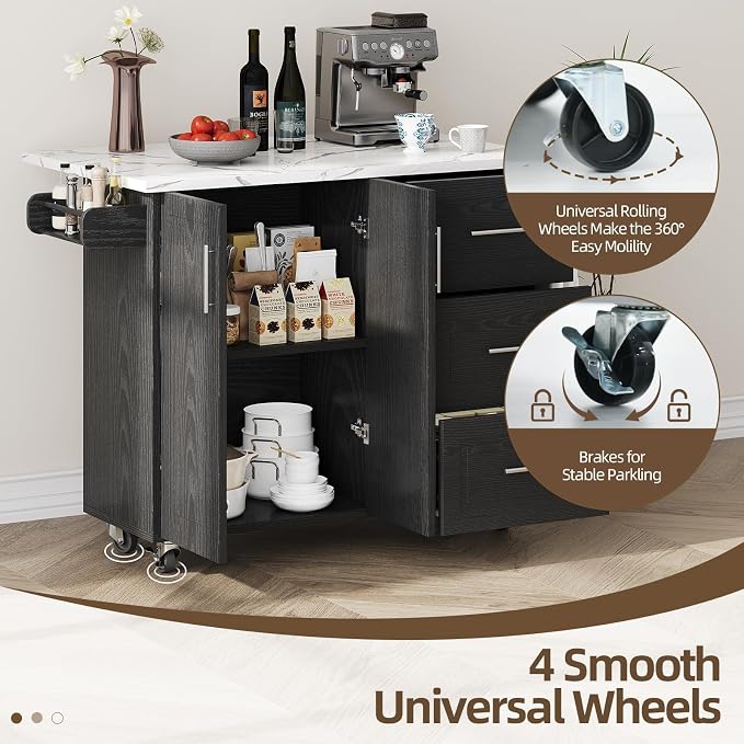 4 EVER WINNER 43" Modern Kitchen Island on Wheels with Drop Leaf & Storage, Faux Marble Tabletop, 3 Drawers with Spice Rack & Towel Rack, Rolling Kitchen Cart for Small Space, Black
