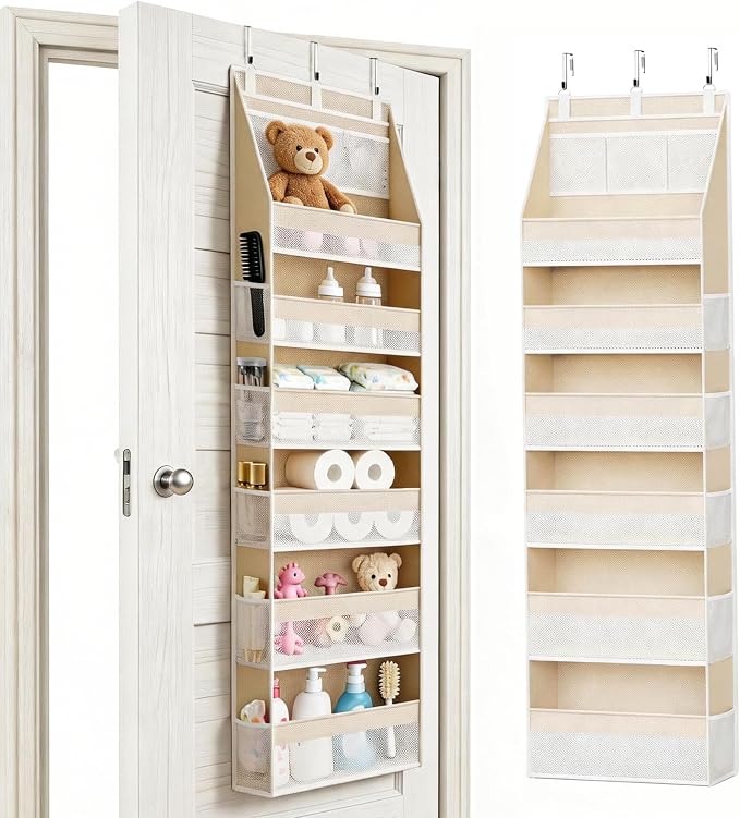 KMSCO Over The Door Organizer, 6 Large Pockets + 13 Mesh Side Pockets, Hanging Storage, 55lbs Capacity, Heavy Duty Non-Woven Fabric for Baby Nursery, Bathroom, Pantry, Closet, Beige, 1 Pack