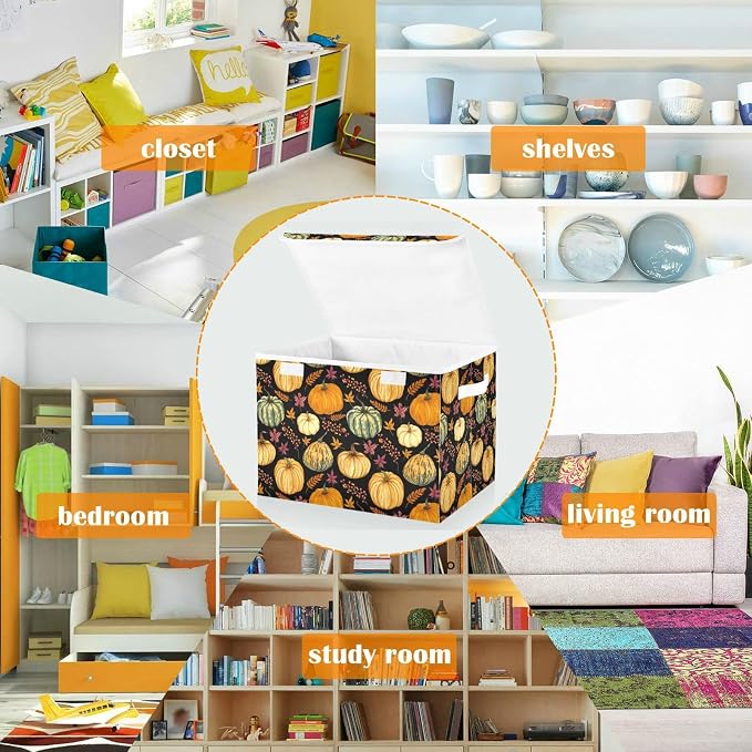 CaTaKu Pumpkins Fall Leaves Storage Bins with Lids and Handles, Fabric Large Storage Container Cube Basket with Lid Decorative Storage Boxes for Organizing Clothes