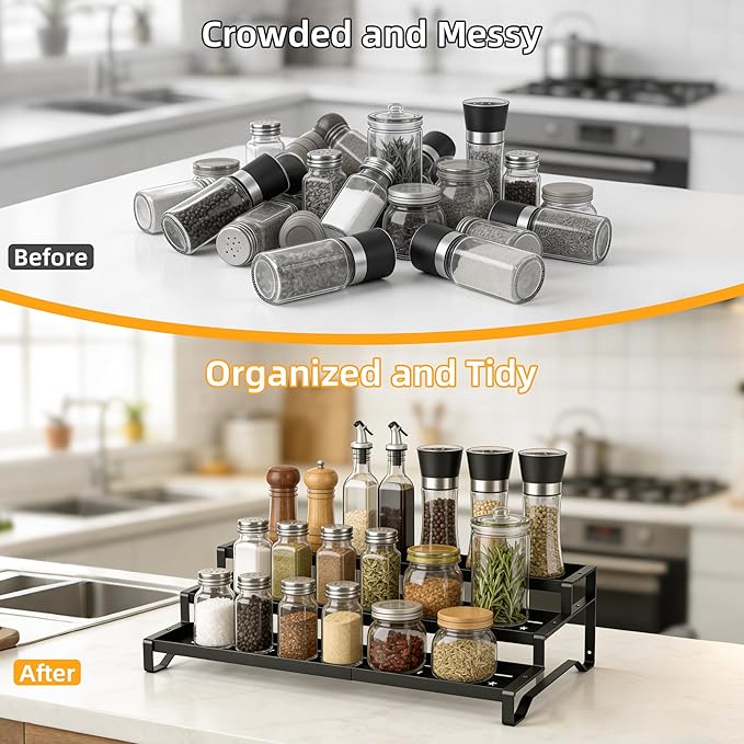 3-Tier Spice Rack Organizer, 13"-21.5" Expandable Spice Organization Shelf, Metal Seasoning Organizer for Kitchen Countertop or Pantry, Slip-Resistant Design for Jars and Bottles, Black