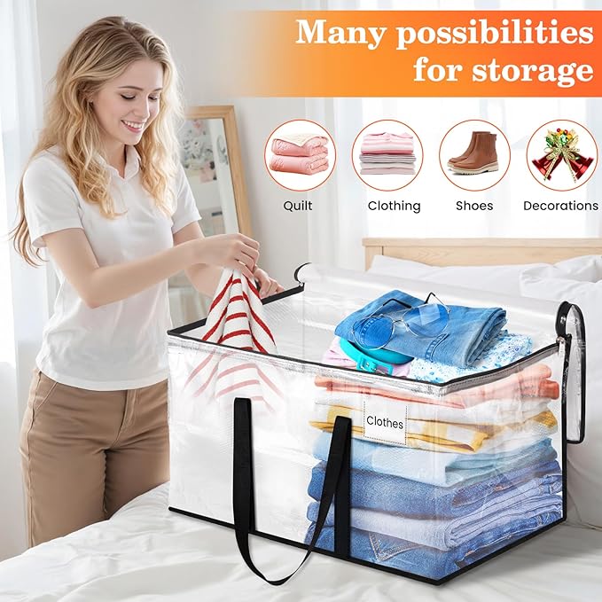 Extra Large Heavy Duty Moving Bags, Storage Bags with Strong Zippers & Handles, Packing Bags for Moving Essentials, Ideal Storage Tote for Home, Dorm & Storage Solutions, 93L, 4 Packs, Clear