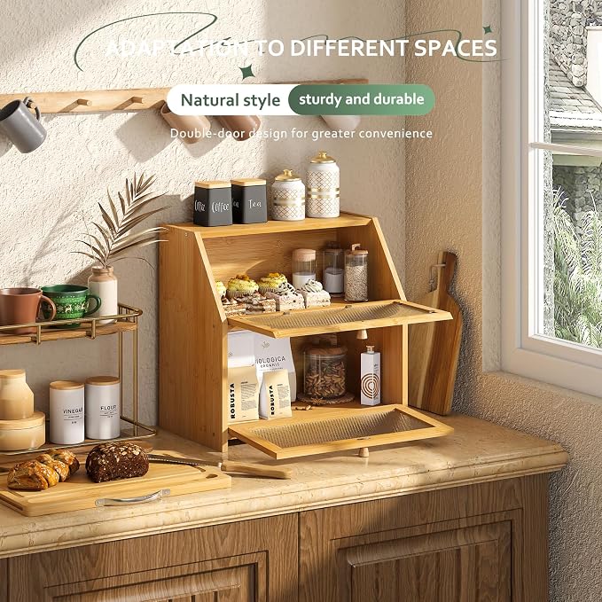 STDDRE Bamboo Bread Box with Cutting Board, Double Layer Extra Large Bread Storage Bin with Door Panel for Kitchen Counter (Natural)