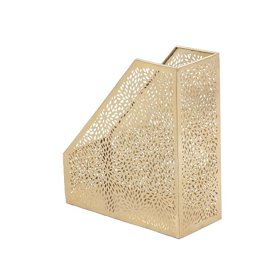 CosmoLiving by Cosmopolitan Metal Single Slot Magazine Holder with Laser Carved Floral Design, 5" x 10" x 12", Gold | Decorative Floral Magazine Rack Single Slot With Laser Carved Design File Holder
