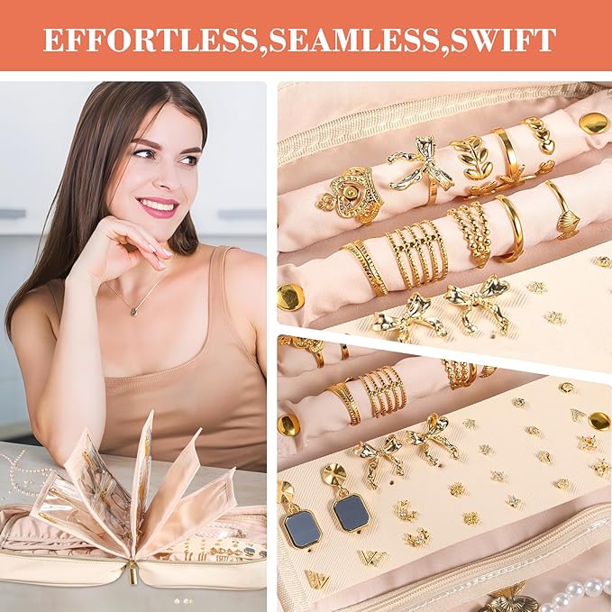 Travel Jewelry Organizer for Women, Jewelry Organizers and Storage with Detachable Zipper Pouches, Tangle-Free Jewelry Travel Case for Necklaces, Earrings, Rings & Bracelets, (Off-white)