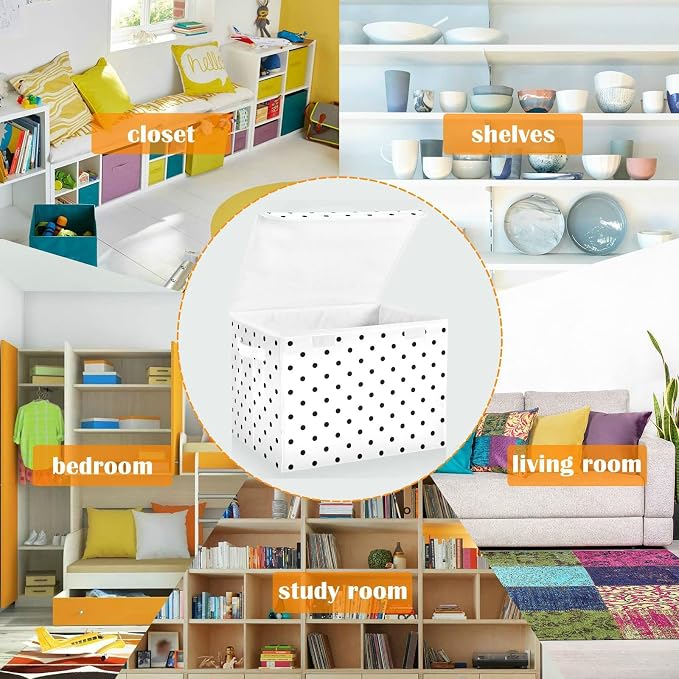 CaTaKu Large Fabric Storage Bins With Lids, White Polka Dot Storage Boxes With Handles for Organizing Clothes, Collapsible Storage Cube Bins Baskets for Shelves