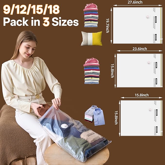 Vacuum Storage Bag with Rechargeable Cordless Pump, 15 Pack Vacuum Seal Space Saver Bags for Clothing Clothes Travel Home