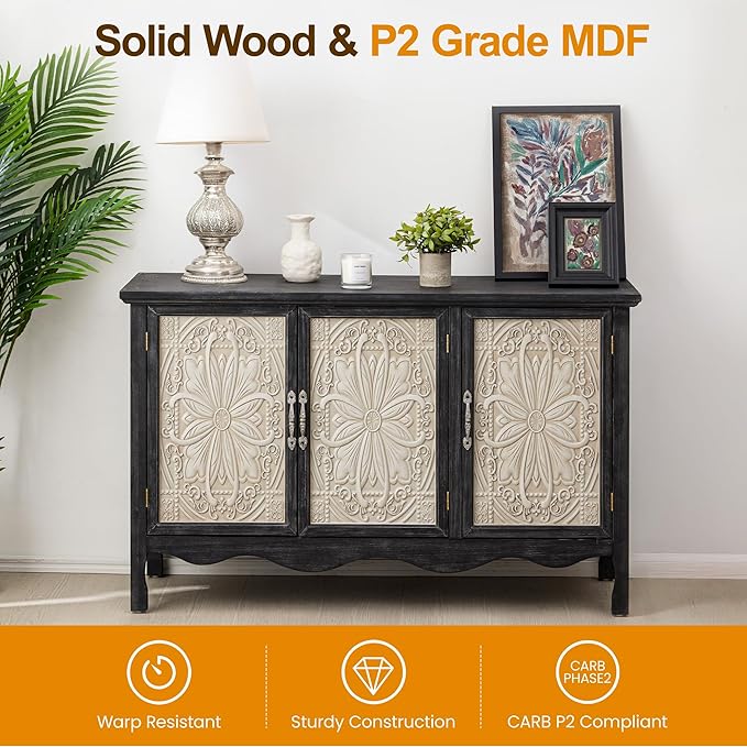 RoyalCraft Buffet Cabinet with Storage, Vintage Solid Wood Sideboard with 3 Carved Doors, Painted Coffee Bar Console Table for Dining Room, Living Room, Kitchen, Black