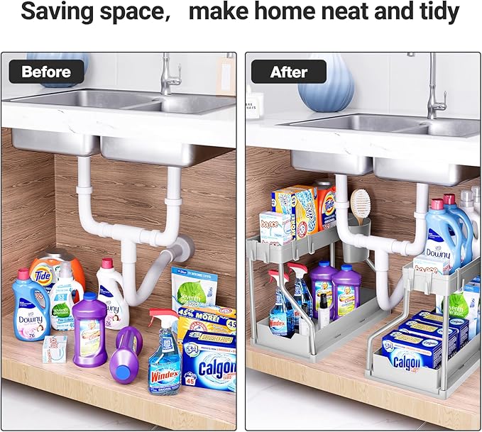 Puricon 2 Pack Under Sink Organizer, 2-Tier L-Shape Sliding Under Sink Organizers and Storage, Under Counter Storage Organizer Pull Out Under Sink Storage for Kitchen Bathroom -Grey