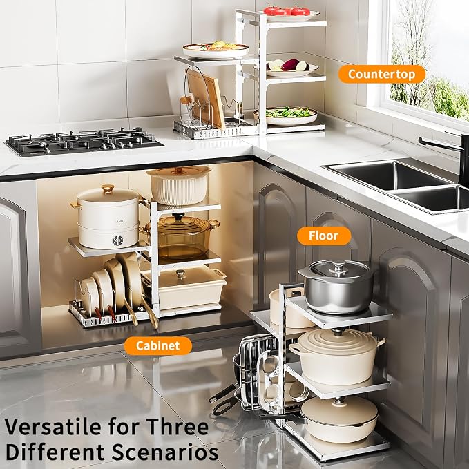 PureBox Pots and Pans Organizer Rack with Lid Holder – 8 pots, 304 Solid Stainless Steel Shelves Heavy Duty Adjustable Under Cabinet Pot Rack, Double-Sided Cabinet Organizer,Silver