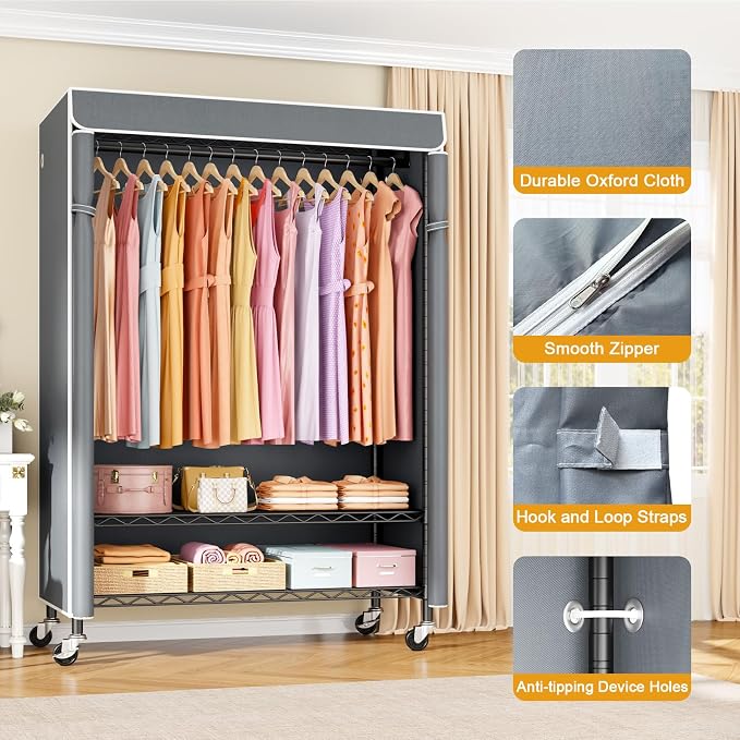ULIFHOME P6C Plus Rolling Clothes Rack with Cover, Covered Clothing Rack Heavy Duty, Portable Closet for Hanging Clothes, Garment Rack on Wheels, Black Closet Rack with Gray Cover, Max Load 375LBS
