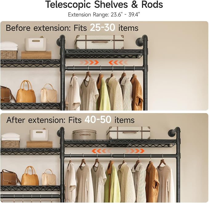 ONBRILL H3 Plus Expandable Wall Mounted Closet System, 5.7FT-8.2FT Closet Organizer with 4 Telescopic Shelves & 5 Adjustable Rods, Industrial Pipe Clothing Rack for Walk-in & Reach-in Closet (Black)