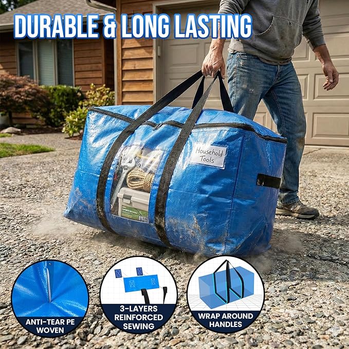 TAILI Extra Large Moving Bags, 10 Pack Blue Heavy Duty Totes for Storage with Visible Window, Wrap Around Handles, Storage Bags for Space Saving, Alternative to Moving Boxes