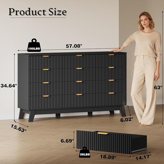 BORNOON 57" Wide Dresser for Bedroom, 12-Drawer Fluted Dresser with Metal Handles, Wood Chest of Drawers with Smooth Slides and Stable Base, Storage Cabinet for Living Room, Nursery, Timeless Noir
