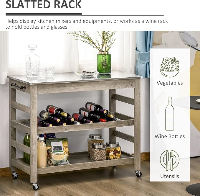HOMCOM Rolling Kitchen Cart with Stainless Steel Countertop, Grey | Kitchen Butcher Block Cart, 1 Bottom Shelf, 1 Slotted Middle Shelf, 4 Castor Wheels