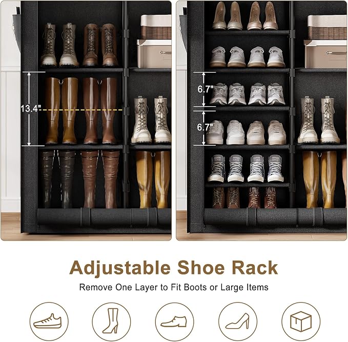 9 Tier Shoe Rack with Cover, Cabinet for 35 Pairs, Black | Holds boots, heels, sneakers. Flat top for bags/plants. Fits narrow corners. No tools, numbered parts, 30-min setup.