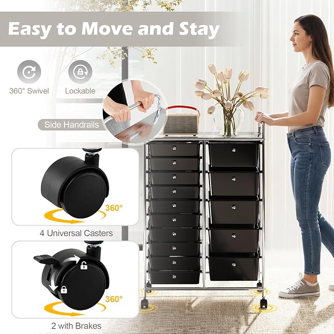 RELAX4LIFE 15-Drawer Rolling Storage Cart - Utility Cart with Metal Frame, Lockable Wheels & Removable Drawers, Multipurpose Art Craft Organizer for Home Office, Classroom (Black)