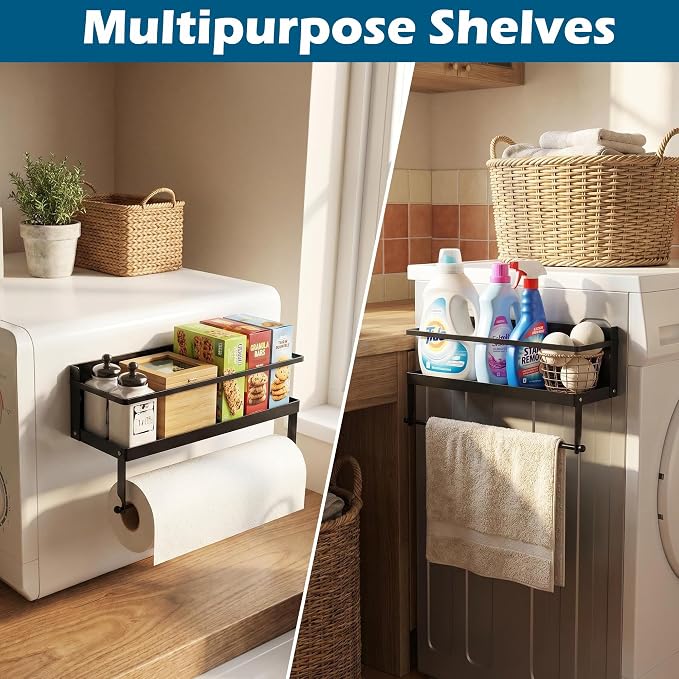 Magnetic Spice Rack Organizer for Refrigerator, 2 Pack, Paper Towel Holder Magnetic with Hooks, Multi Use Kitchen Shelf, 12.8"x4.3"x6.3", Black