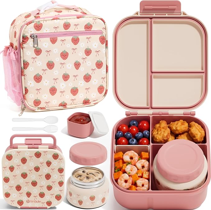 Fimibuke Kids Bento Lunch Box w/ 8.5oz Thermo Food Jar, Insulated Lunch Bag | Leak Proof 3-4 Compartments 60oz Toddler Lunch Food Container with Utensils, Sauce Cup for School Boys Girls, Dishwasher Safe