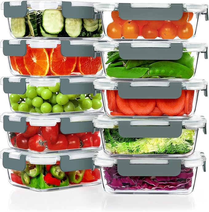 VERONES 12 Packs and 10 Pack 22OZ Glass Food Storage Containers Set, Glass Meal Prep Containers, for Microwave, Oven, Freezer & Dishwasher Friendly
